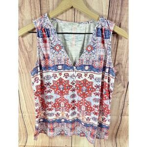 Lucky Brand Womens SMALL Tank Top Sleeveless Red Blue Linen Blend SM
